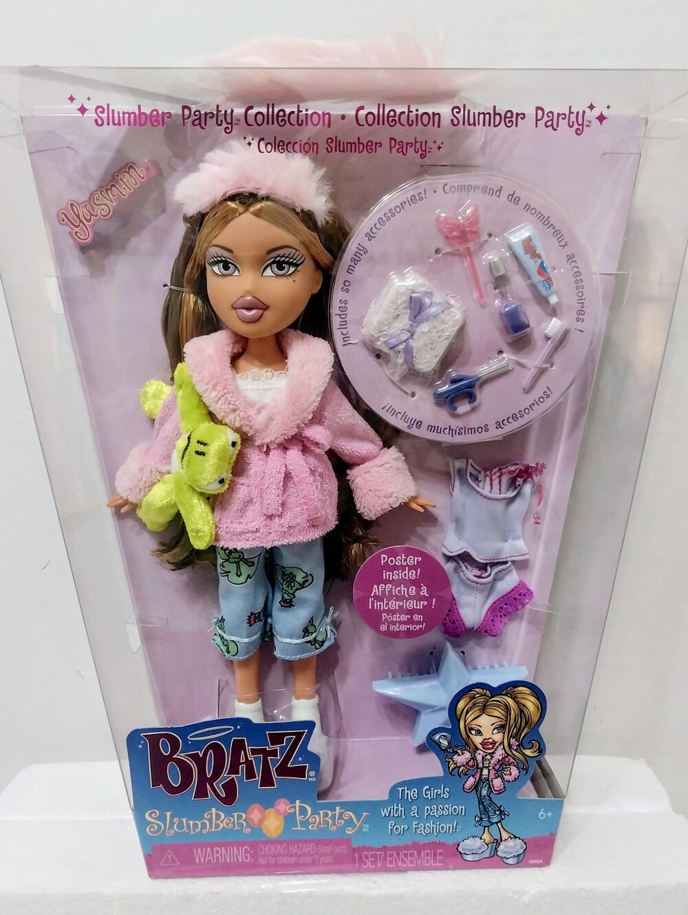 Bratz Slumber Party Doll Yasmin in Pink Robe with Green Bear